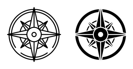 Two Stylized Compass Rose Icons, Black and White Vector Graphics for Navigation, Direction, and Exploration Themes. Simple Nautical Symbols. © Abu