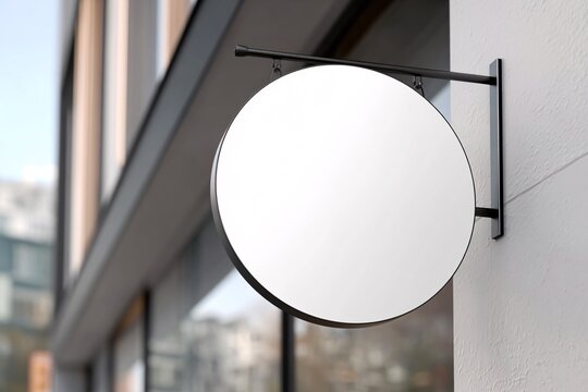 Blank round signboard on modern building exterior wall