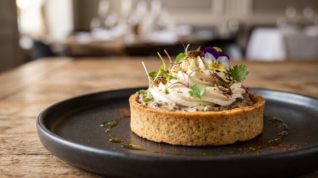 A savory gourmet tart topped with whipped cream and edible insects on a black plate with whole insects dark plate pastry tart garnished herbs edible flowers