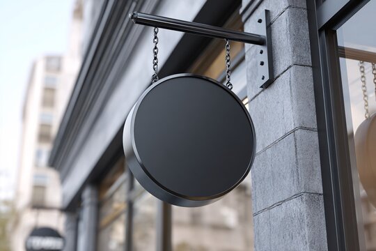 Modern black sign hanging outside storefront on gray building