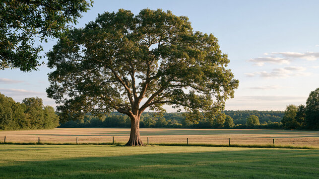 A wide rural landscape showing a solitary oak tree with names and dates carved into its bark standing at the edge of a plowed field, afternoon sun casting long shadows over