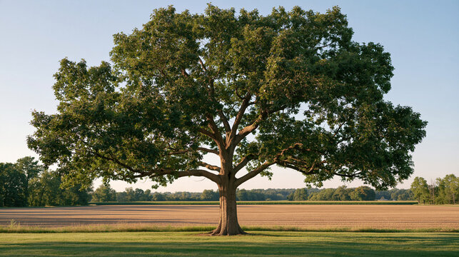 A wide rural landscape showing a solitary oak tree with names and dates carved into its bark standing at the edge of a plowed field, afternoon sun casting long shadows over