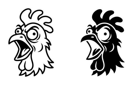 Screaming Chicken Head Vector Icons, Cartoon Rooster Face Graphics, Angry Poultry Illustration, Farm Animal Emblem, Black and White Poultry Art