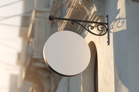 Blank white circular store sign hanging on black wrought iron bracket outdoor commercial facade