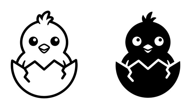 Cute Chick in Cracked Egg Vector Icons, Black and White Baby Bird Illustrations, Simple Easter Poultry Graphics, Spring Animal Symbols