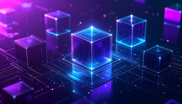 Magenta and blue glass cube technology cluster compacted into a tight cluster on a dark circuit platform. Futuristic technology concept with colorful grid reflections.