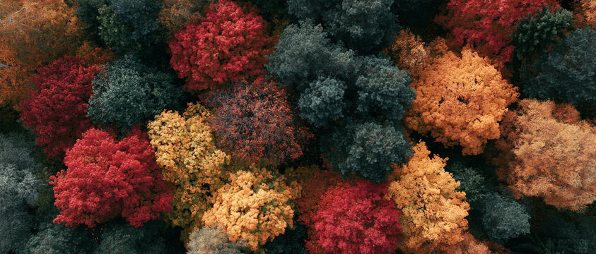 A vibrant aerial view of an autumn forest displaying a stunning tapestry of red, orange, yellow, and dark green foliage. The rich colors create a beautiful mosaic from above