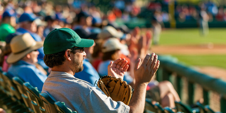 A man wearing a green baseball cap and holding a baseball glove, watches a baseball game in a stadium. The crowd is visible in the background, with fans cheering and enjoying the game