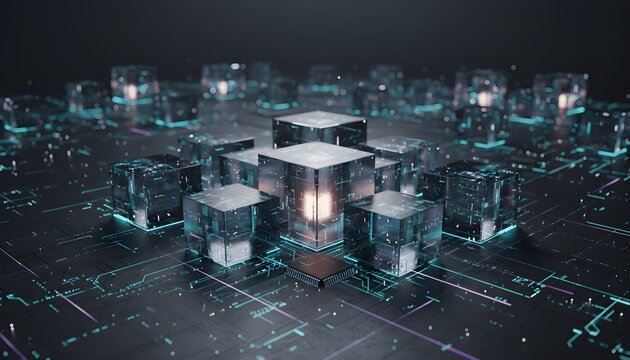 White and teal glass cube technology cluster scattered at an elevated angle on a dark circuit platform. Futuristic technology concept with soft monochrome highlights.