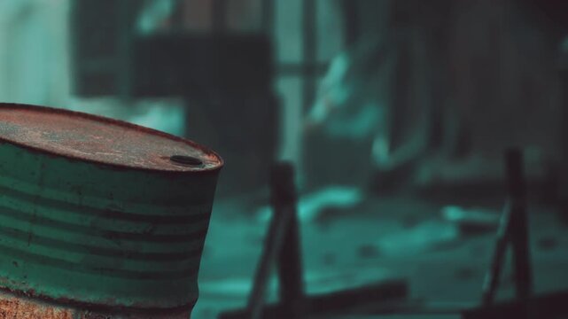 A rusty barrel stands in a dimly lit workshop. Various tools and machinery are scattered around. The atmosphere feels industrial. Light filters through the space highlighting details.