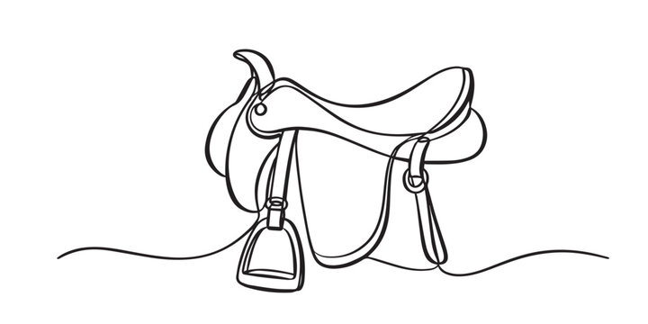 Handdrawn one line horse saddle, continuous line drawing of an equestrian saddle with straps, riding, horseback and western concept.