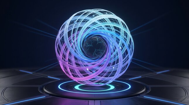 Abstract Futuristic Quantum Energy Sphere With Glowing Neon Ribbons