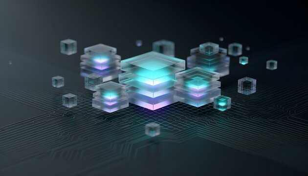 Glowing gray and teal geometric cubes arranged in a moody architectural layout on a dark tech grid. Futuristic technology concept with desaturated atmospheric tones.