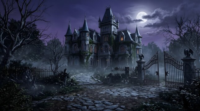 Dramatic gothic castle silhouette against a full moon in a dark sky