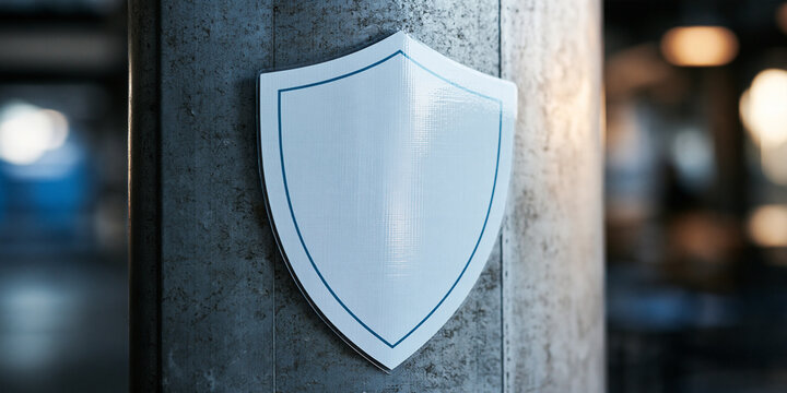 A blank shield emblem attached to a metal pole, ready for customization or symbolism. The background is softly blurred, creating a focus on the shield
