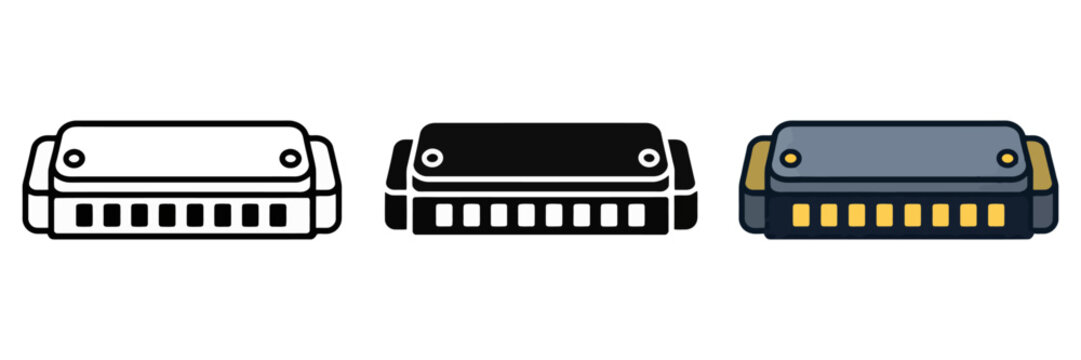 Illustration of three harmonica designs in black, white, and blue.