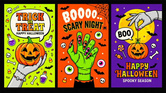 Spooky hand holding glowing jack-o-lantern with trick or treat text and candy for happy Halloween celebration.