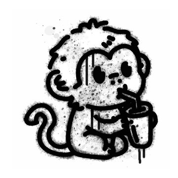 Spray paint style monkey drinking icon on white background. Black graffiti style monkey icon on white background.
