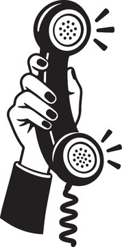 Retro illustration of hand holding old telephone receiver with cord for customer service and communication.