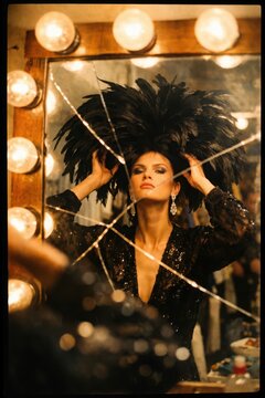 Glamorous showgirl adjusting dramatic black feather headdress in cracked vintage dressing room mirror