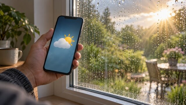 hand holds a smartphone showing a sunny weather app beside a rain-speckled window with sunlight breaking through clouds over a garden.