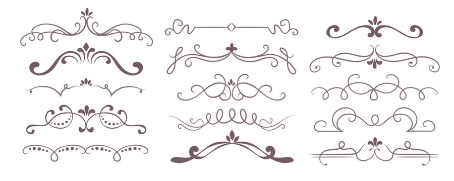 Flourish frame elements with elegant borders and ornamental lines for wedding cards. Decorative swirls with western style scrolls, vintage dividers and fancy calligraphic patterns for titles.