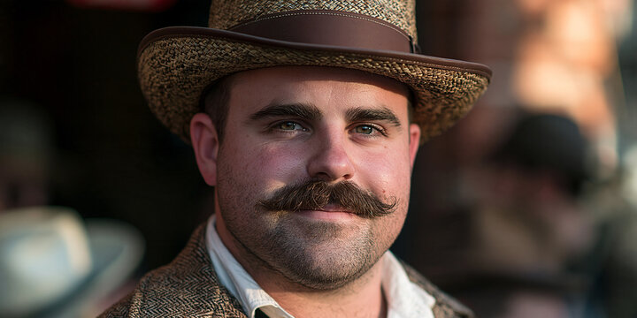 Portrait of a man with a large mustache, wearing a hat