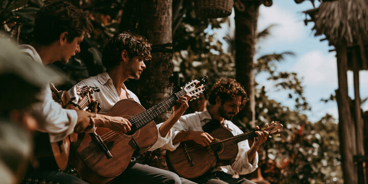 Three young men are playing guitars outdoors, enjoying a sunny day with palm trees and rustic structures in the background