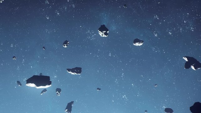 Many asteroids float in outer space. Stars shine brightly in the background. This scene shows the vastness of space at an unknown time.