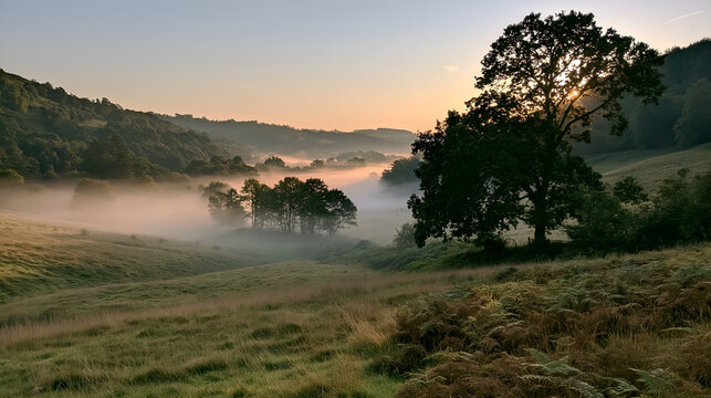 Low bank of mist settling into a shallow valley at sunset