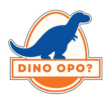 Funny dinosaur silhouette logo sticker with text Dino Opo in spoof style
