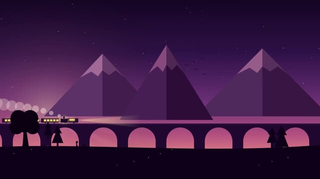 Minimalist flat design vector animation of a vintage steam train traveling across a stone arch bridge in front of purple mountain peaks at night