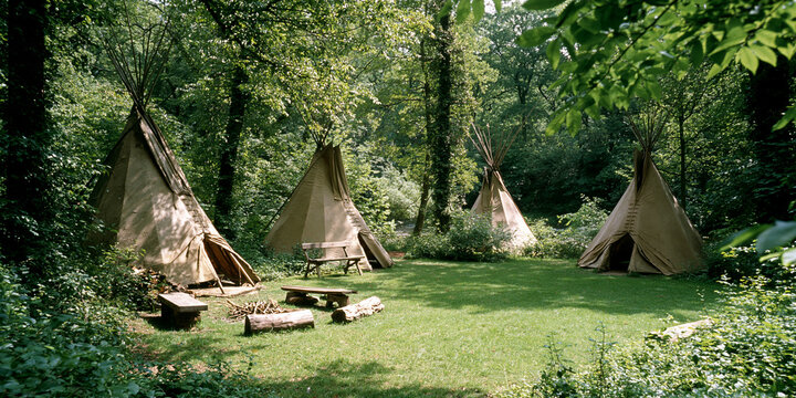 A campsite with four tipi tents arranged in a circle around a fire pit in a forest clearing. This scene evokes a sense of adventure and connection with nature