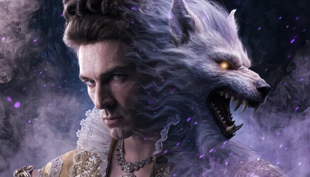 Surreal portrait capturing the split transformation of an aristocratic man into a ferocious werewolf