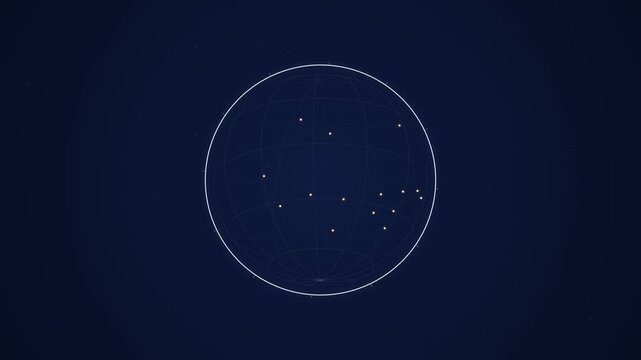 Minimalist vector globe grid with rotating white constellation stars on a dark blue background digital technology and astronomy motion graphic loop