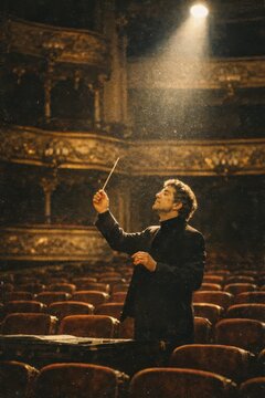 Solitary maestro rehearses conducting gestures among rows of vintage velvet seats
