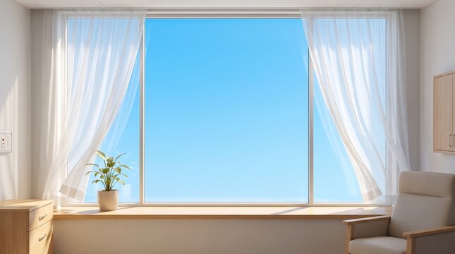Bright Modern Living Room Window with Sheer Curtains and Blue Sky View