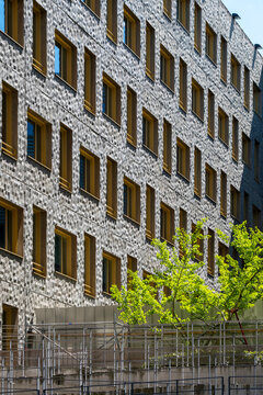 Brick apartment buildings with windows and a tree form a residential facade in La Confluence Lyon where architecture fills the vertical urban frame