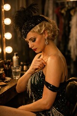 Fototapeta premium Glittering entertainer wearing crystal headdress readies herself at illuminated makeup station