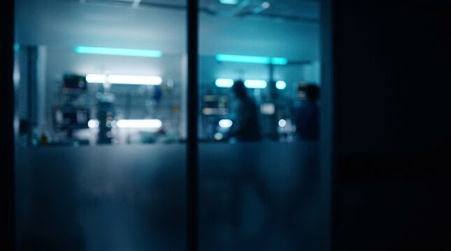Blurred View of Modern Corporate Office with Blue Ambient Lighting