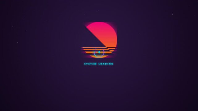 Retro synthwave system loading animation with sunset icon