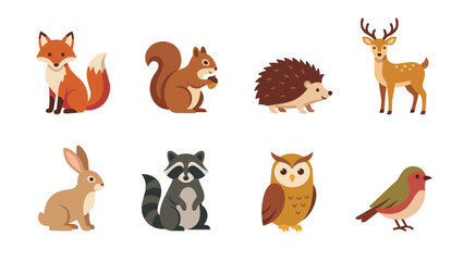 Obraz premium Autumn Woodland Animal Icon Set Vector Illustration, Squirrel Hedgehog Raccoon Owl Forest Flat Design Isolated on White Background