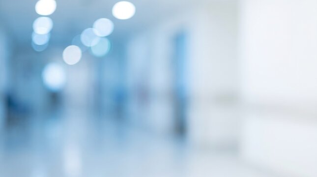 Hospital hallway blur background with soft light and bokeh effects