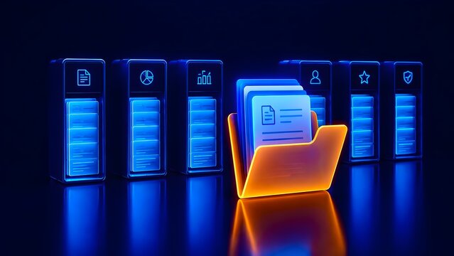 Centralized Enterprise Document Management System with Glowing Folder and Secure Server Database Racks