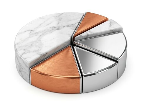 A 3d pie chart made of different materials including marble, copper, and polished metal isolated on white background