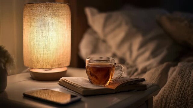 Tranquil bedroom setting featuring glowing bedside lamp, steaming glass tea resting on open book, smartphone on nightstand, evoking comfort, relaxation, calm nighttime atmosphere