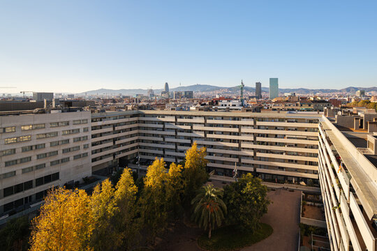 Aerial view modern residential district with landscaped courtyard trees, midrise buildings, clear blue sky, autumn foliage and distant urban skyline during daylight