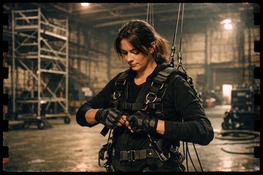 Determined stuntwoman securing complex safety harness in industrial warehouse set