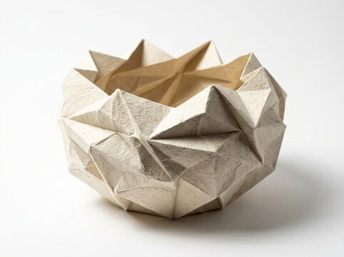 Handmade origami paper bowl with geometric folded patterns isolated on white background