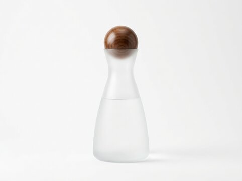 Minimalist glass carafe with a round wooden stopper filled with water isolated on white background